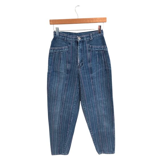 Vintage Sergio Valente Womens High-Waisted Striped Tapered Jeans Size 9 Blue Den - Picture 1 of 10